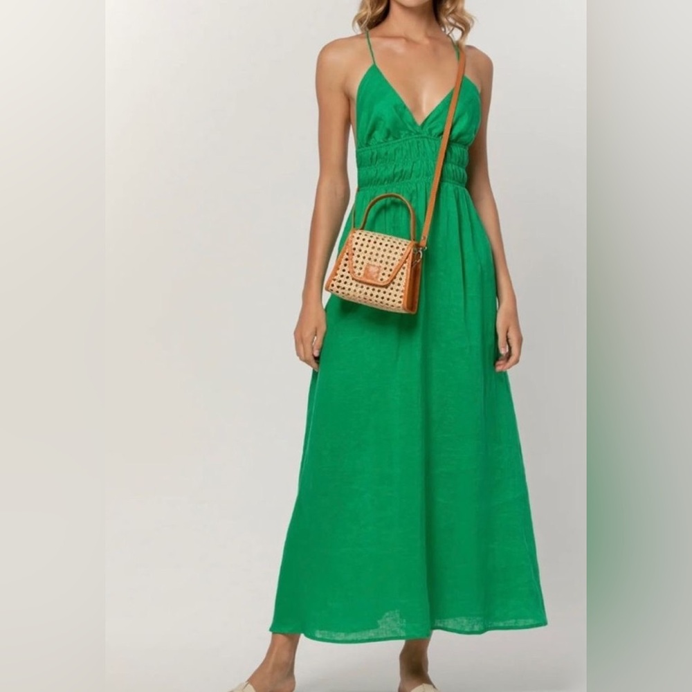 Lusana Adison Maxi Dress Jade Green Linen V Neck Size 4